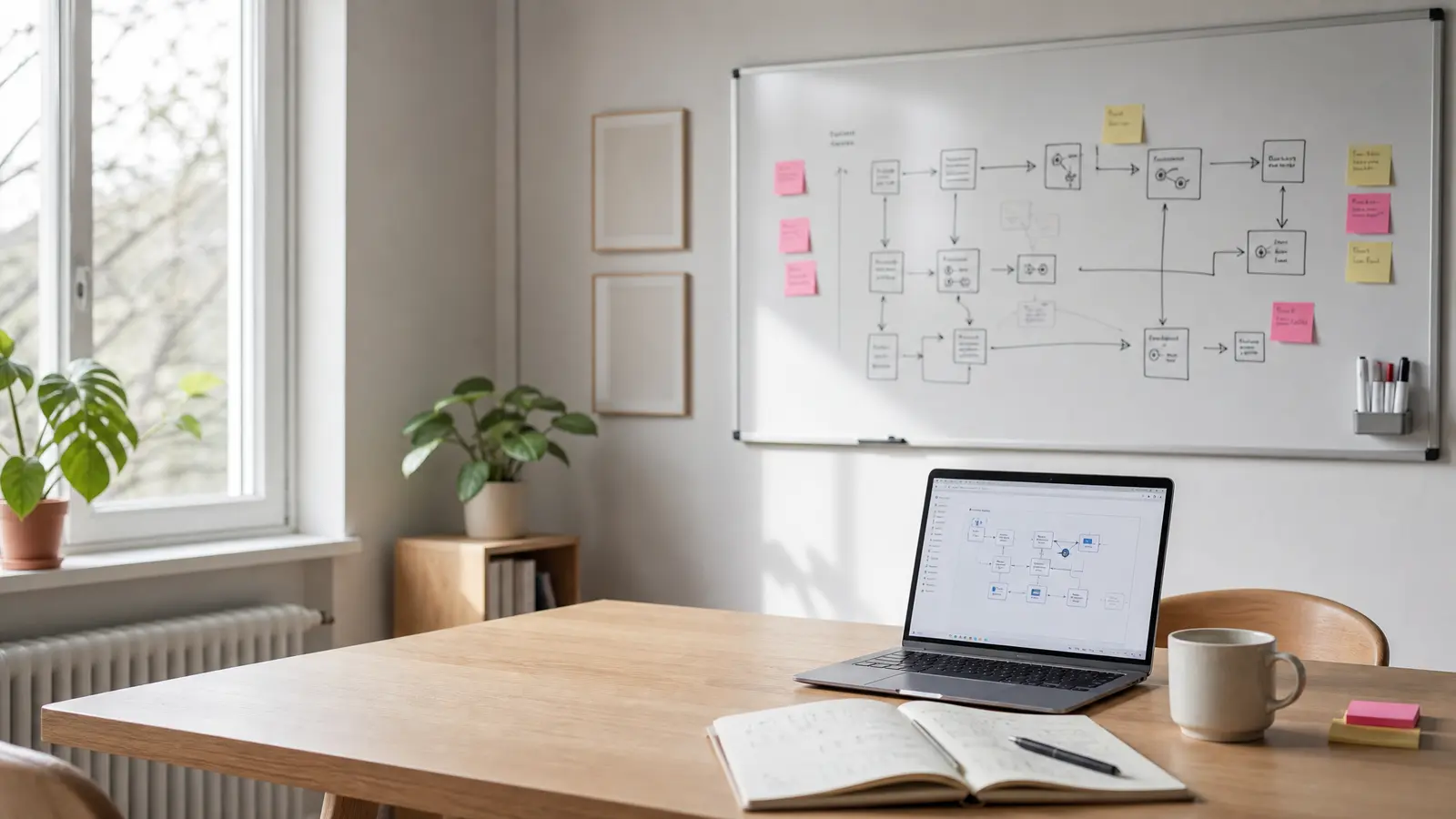 Scandinavian meeting room with whiteboard workflow diagrams and laptop for AI automation