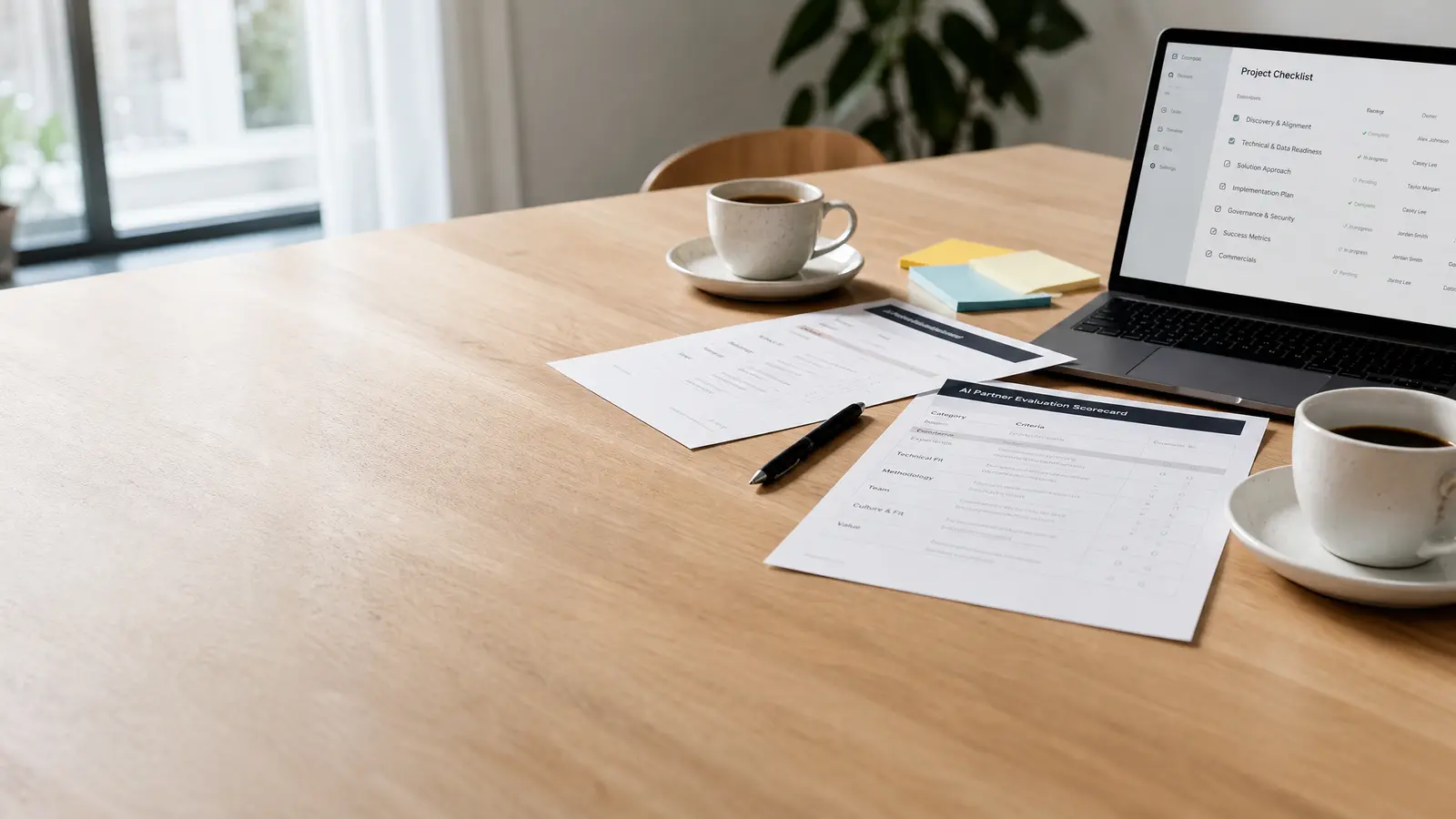 Møtebord med laptop, evalueringsskjemaer og notater for valg av AI-partner