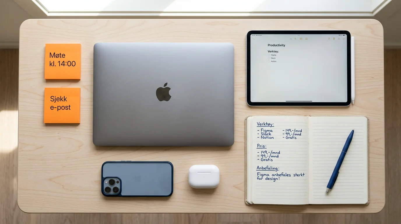Norsk bedriftsleder som vurderer AI-verktøy på en dashboard med norske flagg og AIKI-farger