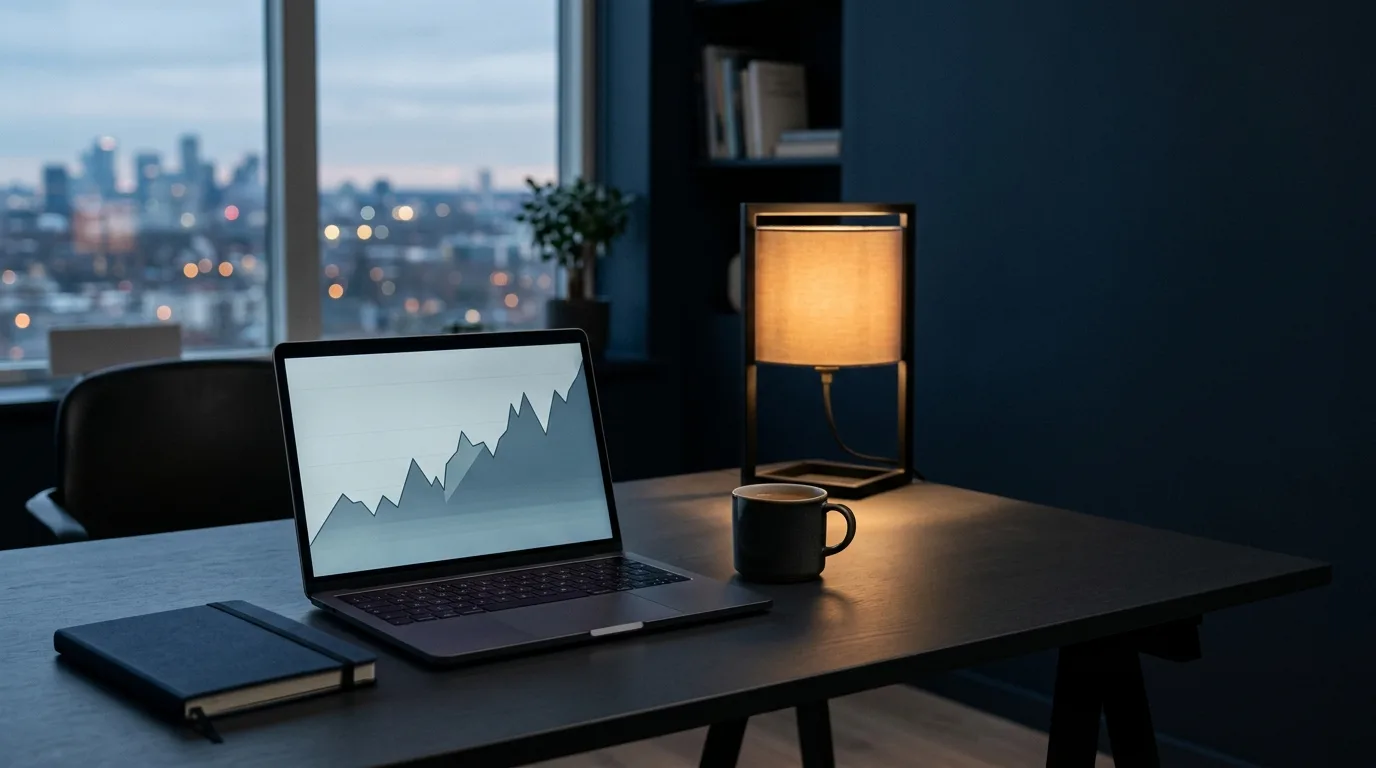 Laptop viser en stigende kurve, foran et vindu med bybilde i skumring