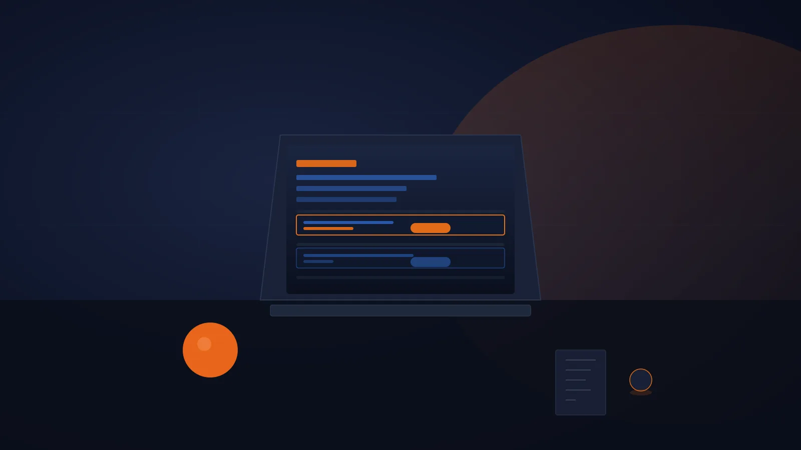 Dark editorial illustration: laptop with a dark interface on a dark desk, orange tangerine as accent, clean Scandinavian aesthetic.