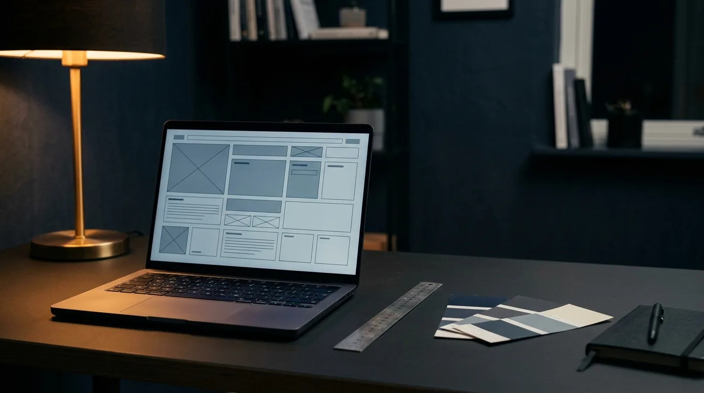Laptop showing a wireframe sketch of an interface, with a ruler and colour swatches on the desk beside it