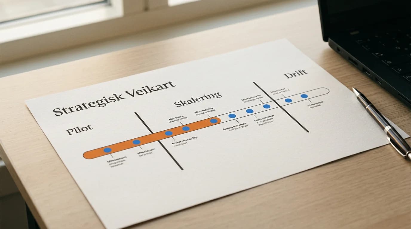 Illustrasjon av veien fra AI-pilot til skalert effekt i virksomheten
