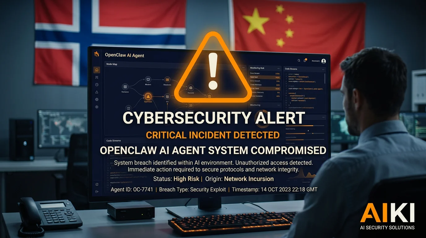 Sikkerhetsvarsel for OpenClaw AI-agent med norske og kinesiske flagg i bakgrunnen