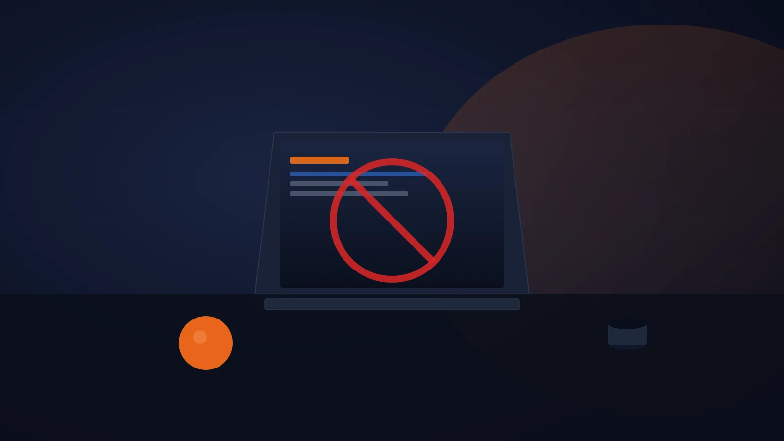 Laptop med rødt blokkering-symbol på mørk bakgrunn, Sakana Fugu er blokkert i EØS