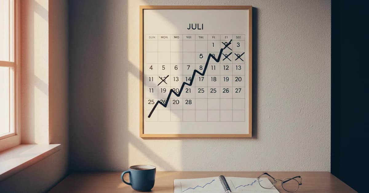 Veggkalender med dager krysset av og notatblokk med tidssparings-skisse - illustrerer hvordan AI frigjør timer