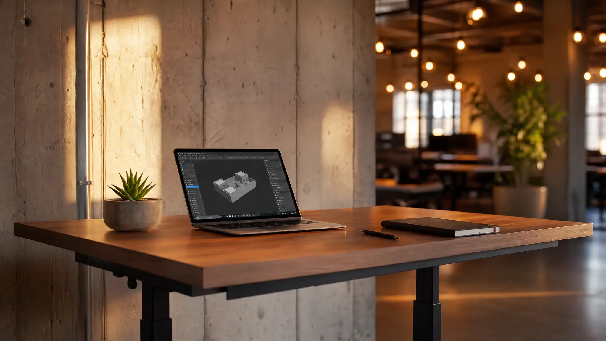 Laptop showing linked workspaces on screen, beside a stack of printouts and a pen on a dark desk