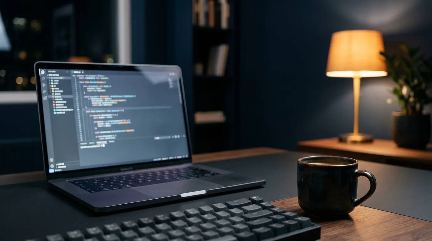 Code editor on a laptop in a dark office at night, with a keyboard and coffee mug in the foreground